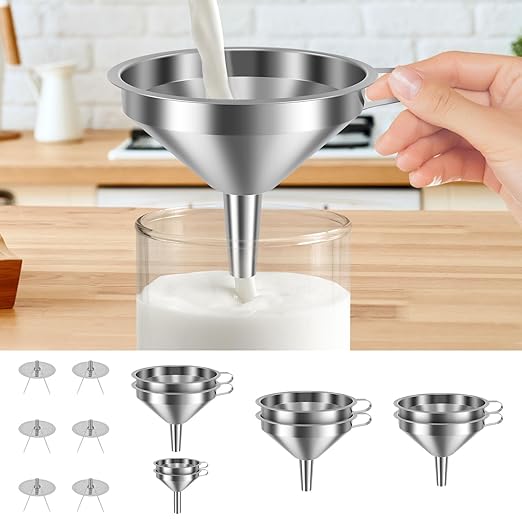 14 Pack Stainless Steel Funnel Set, Filter Kitchen Funnel with 6 Fine Mesh Strainers, 4 Sizes Funnels for Kitchen Use Filling Bottles, Filling Bottles, Oil, Jam, Liquid & Powder