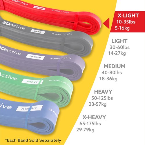 3DActive Pull Up Assist Band - Resistance Band for Strength Training, Powerlifting, Body Stretching, Crossfit - Exercise Guide Included - 10 to 35lbs - Red.