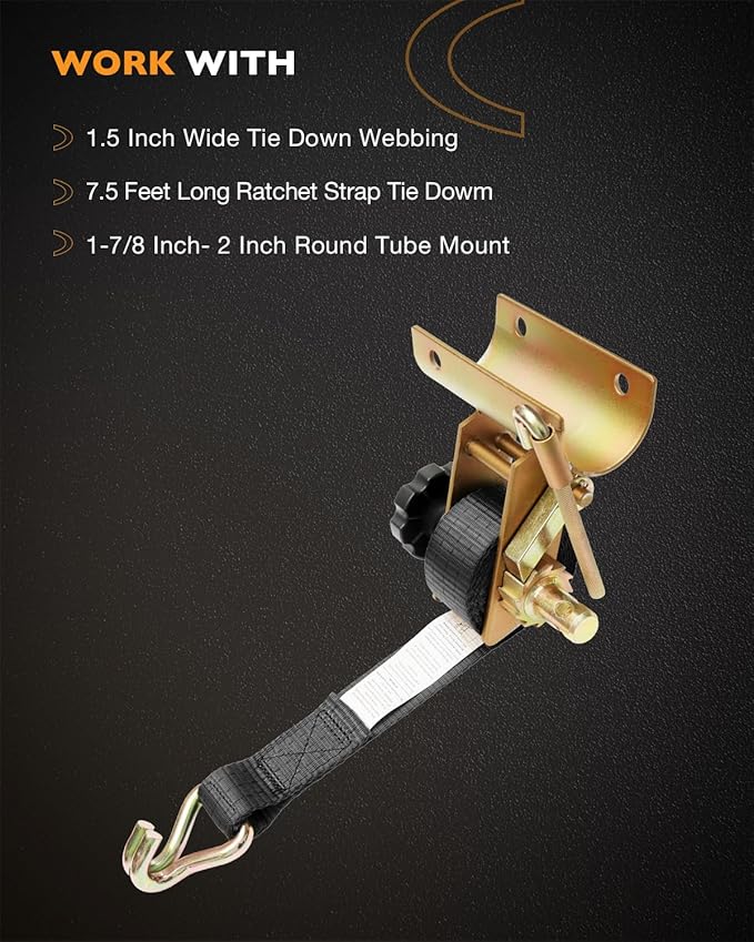 Pipe Rack Ratchet Straps, W/J-Hook (2PCS), 2" Gold Round Tube Mount, 1.5" Wide x 7.5' Long, Black Ladder Rack Ratchet Straps, 500 lbs Load Heavy Duty, Truck/Roof Rack Straps, Lumber Rack Strap