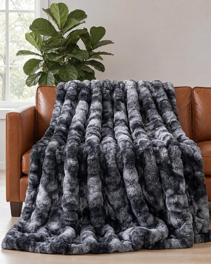 3D Fleece Bubble Blanket Twin - Rabbit Blanket - 60" x 80", Marble Black | Soft Fluffy Faux Fur Blanket for Couch Sofa & Chair, Cozy Gifts for Women, Tie Dye Cloud Throw Bed Cover, Thick Plush Bedding