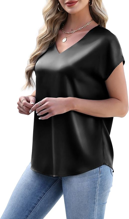 WIHOLL Womens Satin Summer Tops Cap Short Sleeve Blouses V Neck Shirts Business Casual Outfits Fashion Clothing 2026