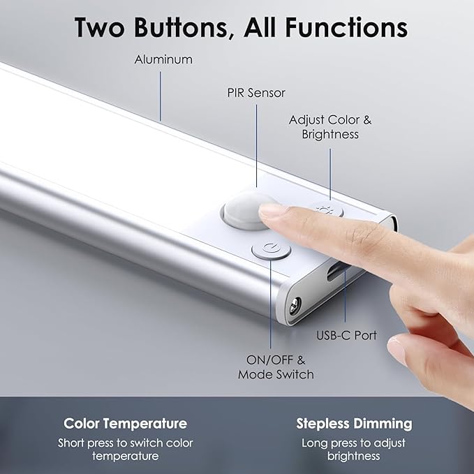 12" LED Cabinet Light with Motion & Light Sensor, Pack of 2 Rechargeable Under Cabinet Lighting, 3 Color Modes 3000K/4500K/6000K, 62 LEDs, 150LM, USB, 2200mAh Battery, Wireless Closet Light