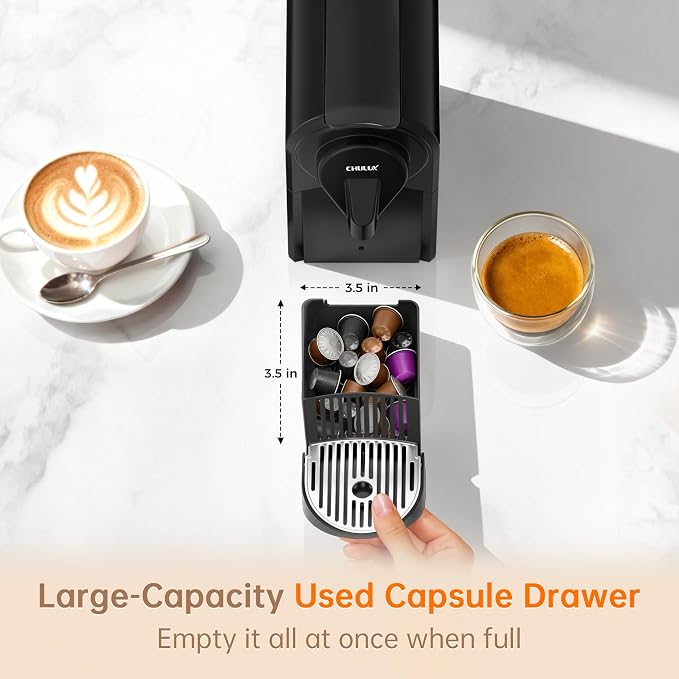 CHULUX Bafè-Pro Single Serve Espresso Machine for Nes Original Pods, Black | 1400W Rapid Heating, Espresso Lungo Buttons, Used Capsule Drawer, Auto-Eject System, 24oz Removable Reservoir, Mini Footprint