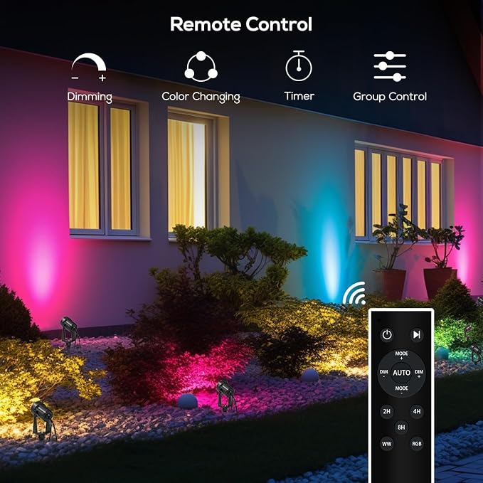 SUNTHIN Outdoor Landscape Lighting with Remote, RGBW Color Changing Spot Uplights, 8 Pack