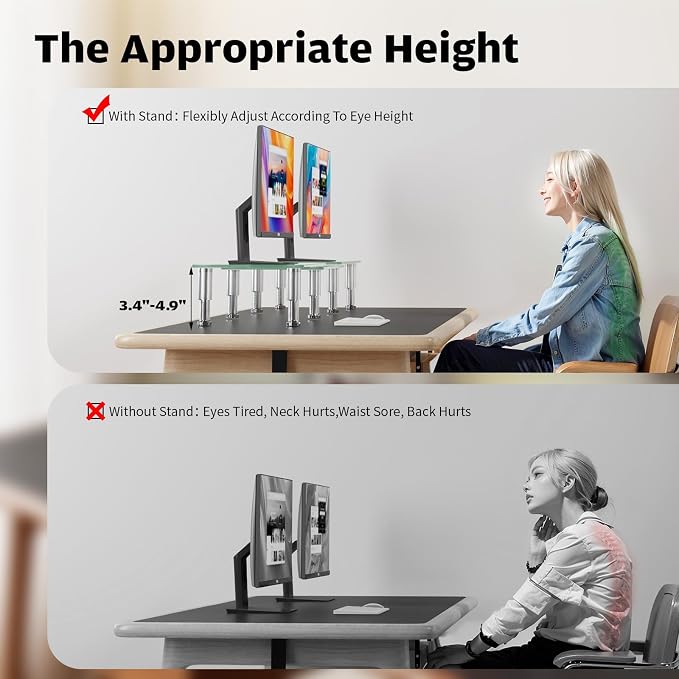 Hemudu Dual Monitor Stand -Adjustable Length and Angle Dual Monitor Riser, Desktop Organizer for PC, Computer, Laptop (Clear)