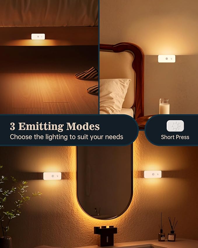 Yiliaw Motion Sensor Night Lights Indoor - Rechargeable Stick-On Stair Lights with Wireless Magnetic Mount, Adjustable Brightness & 3 Color Temps for Hallway, Stairway, Bathroom, Closet (6-Pack)