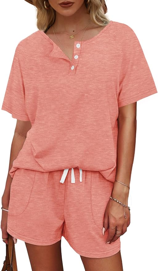 WIHOLL Two Piece Outfits for Women Lounge Sets Button Down Top and Shorts Set Sweatsuits with Pockets