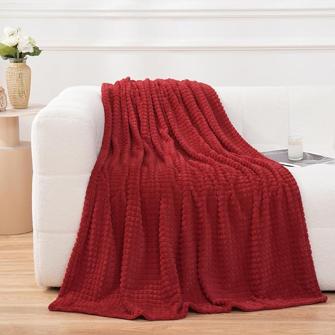Puncuntex Fleece Throw Blanket Red 90"×90" with Square Grid Design | Super Soft Plush Cozy Flannel Throw Blanket Luxury for Couch Sofa Chair
