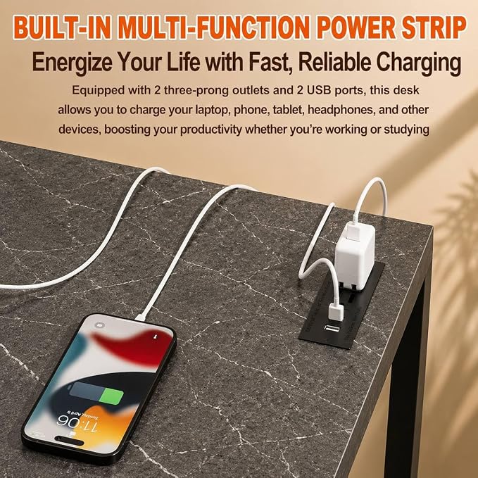 Folding Table Computer Desk - 35.8" No Assembly Folding Desk with Power Outlets & USB Charging Port, Small Desk, Foldable Office Desk, Compact Storage Portable Use for Small Space, Marble Greige