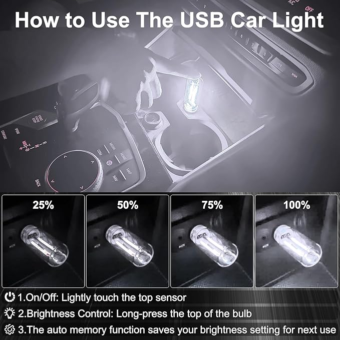 2 PCS Car USB Night Light Bulb, Touch Dimmable Car Interior Ambient Lights, Portable Mini USB Retro Glass Bottle Lamp Decorations for Vehicle, Bedroom, Hallway, Camping (White)