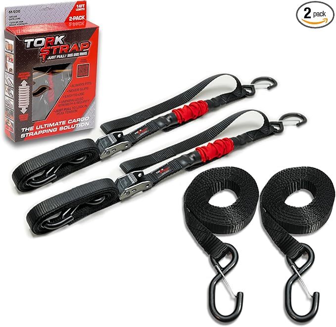 TorkStrap M500 Bundle | 14' x 1'' Spring Loaded Tie Down Straps with 20' Extensions- 1,500LB Max Load - Just Pull Alternative to Ratchet Straps - Integrated Soft Loops (2-Pack)