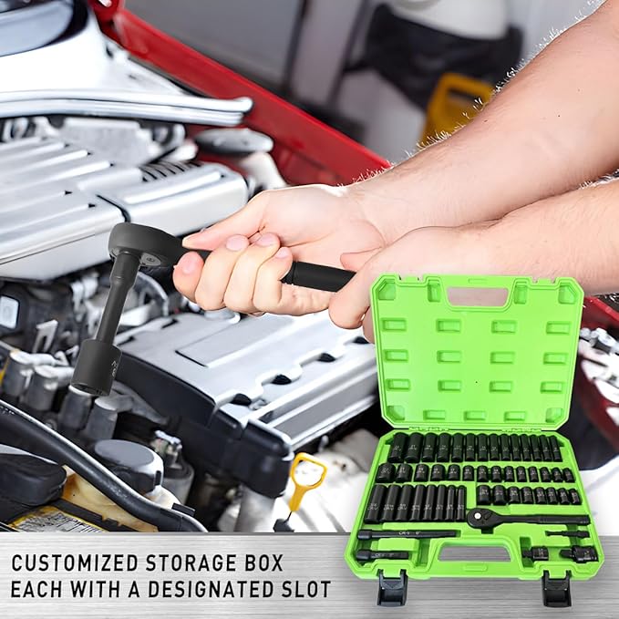 3/8" Drive Socket Set 50-Piece, SAE (5/16" - 3/4") & Metric (8mm - 22mm), Deep & Shallow Impact Socket Set with Case, 6 Points, Premium CR-V, Extension Bars, Universal Joint & Power Drill Adapter