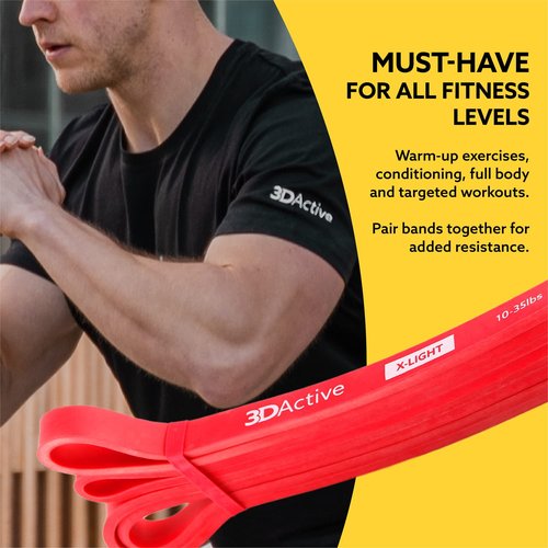 3DActive Pull Up Assist Band - Resistance Band for Strength Training, Powerlifting, Body Stretching, Crossfit - Exercise Guide Included - 10 to 35lbs - Red.
