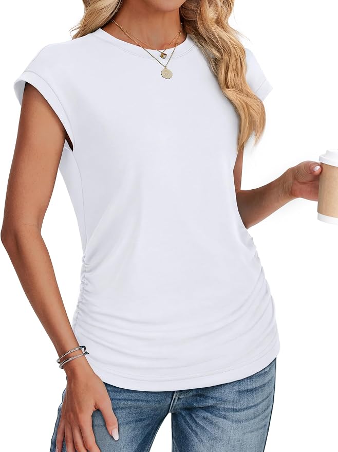 Sampeel Womens Summer Tops Trendy 2026 Ruched Cap Short Sleeve Tshirts Shirts Crew Neck T Shirts Fashion