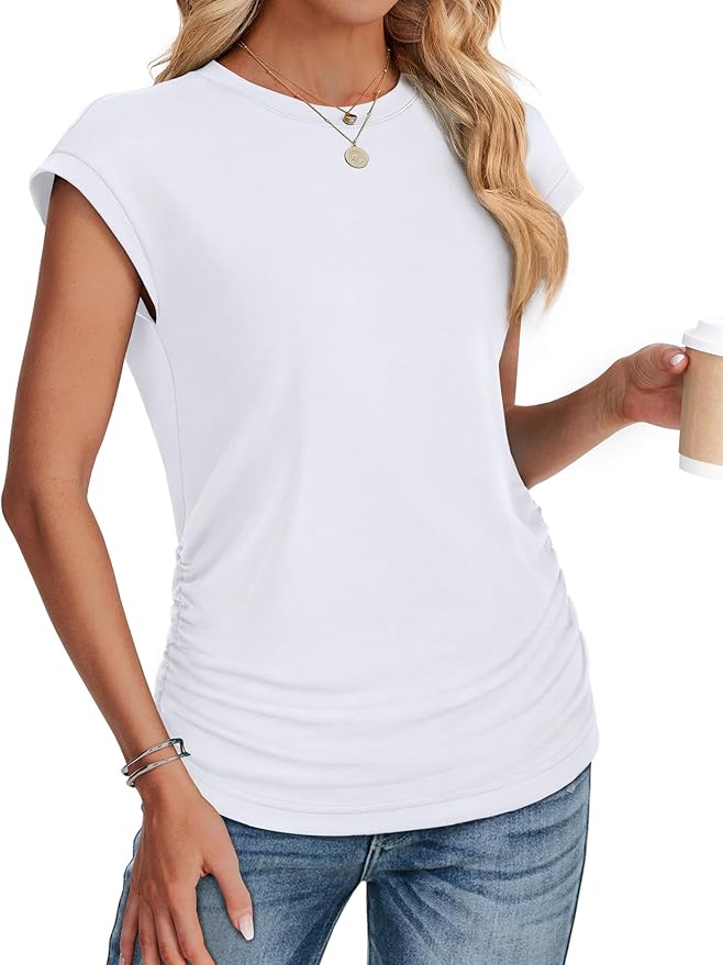 Sampeel Womens Summer Tops Trendy 2026 Ruched Cap Short Sleeve Tshirts Shirts Crew Neck T Shirts Fashion