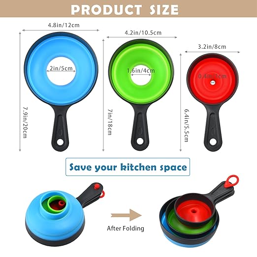Funnels for Filling Bottles, Wide Mouth Canning Funnel for Kitchen Use Mason Jars, Small Funnel for Transfer Liquid, Oil and Powder, Food Grade Silicone Collapsible Filter Set (3 Pack)