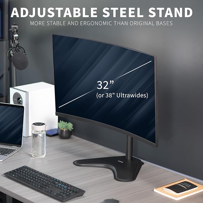 VIVO Single Monitor Desk Stand, Holds Screens up to 32 inch Regular and 38 inch Ultrawide, Freestanding VESA Steel Mount Base, Adjustable Height, Tilt, Swivel, Rotation, Black, STAND-V001H