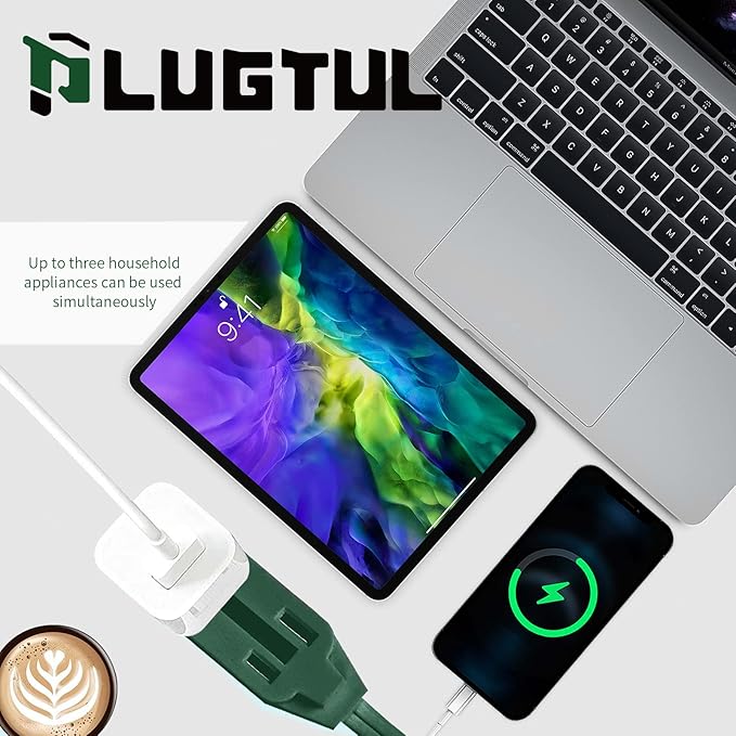 PLUGTUL Indoor Green Extension Cord 15 Feet, 3-Outlet Household Extension Cord, 2 Prong, 16 Gauge, 3 Polarized Outlets with Safety Cap Protect for Home Office, 16/2 SPT-2 ETL Listed