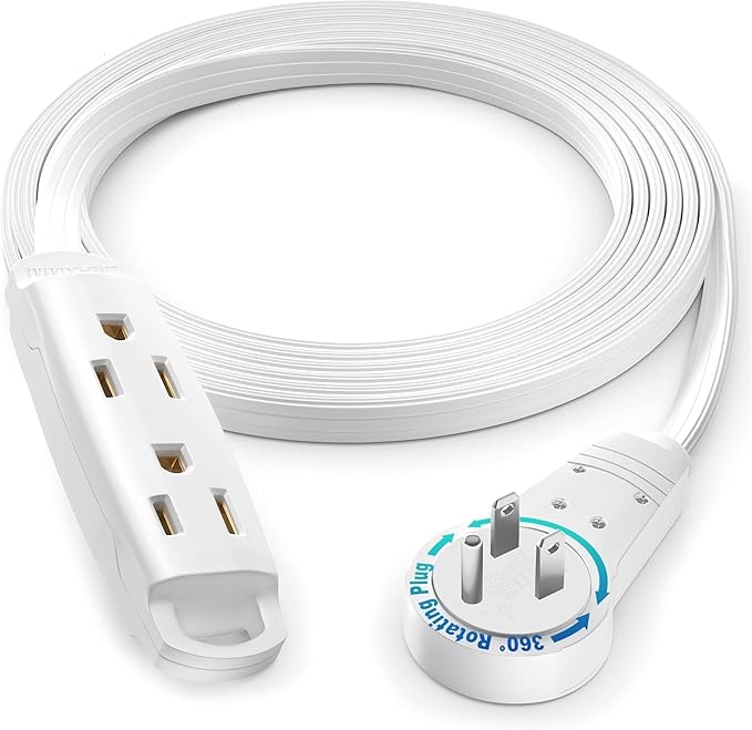 Maximm 360 Degree Rotating Flat Extension Cord 12 Ft Multi 3 Outlet Power Cord Grounded 16 AWG UL Certified, White