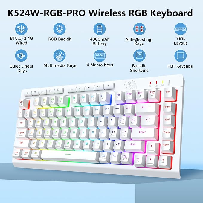 Redragon Wireless Gaming Keyboard, Portable 75% Compact,RGB Backlit, White | Bluetooth/2.4GHz/USB-C Wired, Mini Quiet Macro Membrane Keyboard, Rechargeable 4000mAh Battery, Anti-Ghosting for Win/MAC