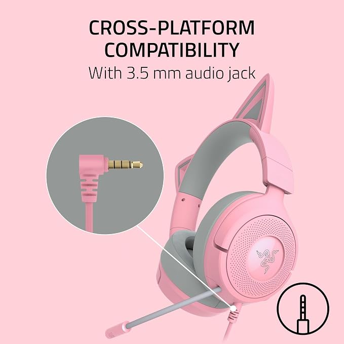 Razer Kraken Kitty V3 X Wired Gaming Headset, Kitty Ears, Pink | HyperClear Cardioid Mic, 40 mm Drivers, 7.1 Surround Sound, Comfy Ear Cushions, Cross-Platform via 3.5mm PC, PS5, Xbox