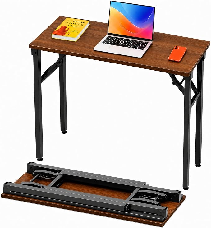 Folding Table Computer Desk - 35.8" No Assembly Folding Desk Design and Foldable Office Desk, Small Desk for Bedroom, Compact Storage Portable Use for Dorm and RV Small Space, Dark Walnut