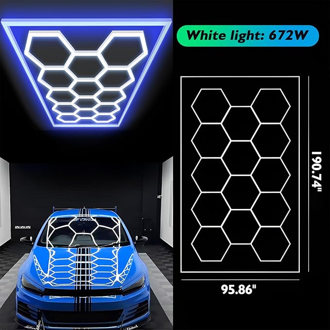 Large Hexagon Garage Lights 14 Hex LED Higher Brightness Lights with Blue Light Rectangle Frame Octagon Honeycomb Lighting for Garage Car Detailing Barber Shop Gym Warehouses.