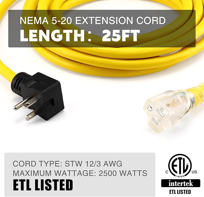 Kanayu 25FT NEMA 5-20 Extension Cord, 5-20P Male Plug to 5-20/5-15R Female Receptacle, 20 Amp T-Blade Outlet Extension Power Cord with Indicator Light, 12 AWG, ETL Listed