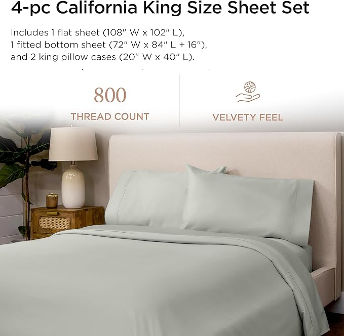 Threadmill Luxury 800 Thread Count California King 100% Cotton Sheets - Light Grey Sateen Weave Bed-Sheets, Better Than Egyptian Cotton, 4 Pc Solid Bed Set, Fits 16" Deep Pocket
