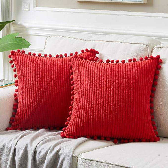 Fancy Homi Pack of 2 Boho Red Decorative Throw Pillow Covers with Pom-poms, Soft Corduroy Solid Square Cushion Cases Set for Couch Sofa Bedroom Car Living Room (20x20 Inch/50x50 cm, Christmas Red)