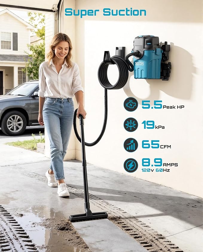 Seesii Garage Vacuum Wall Mounted Shop Vac, 6.6 Gallon 5.5 Peak HP Shop Vacuum Wet and Dry with 30Ft Flexible Hose, Attachments, Storage Bag, Cartridge Filter Ideal for Garage, Car, Workshop, Home