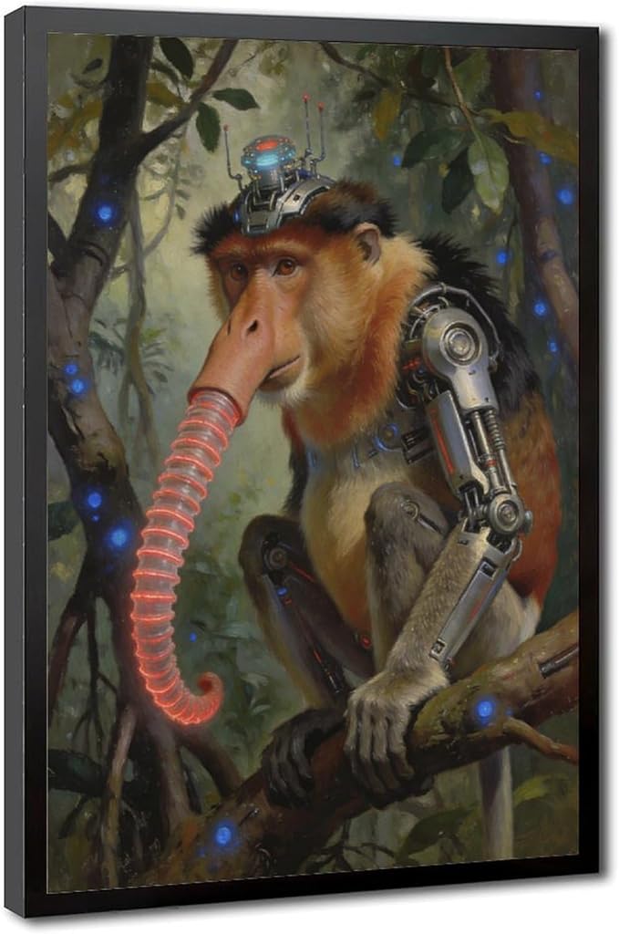 Framed Steampunk Mechanical Proboscis Monkey Wall Art - Jungle Neon Retro Poster for Apartment Leisure Area Decor 16x24in