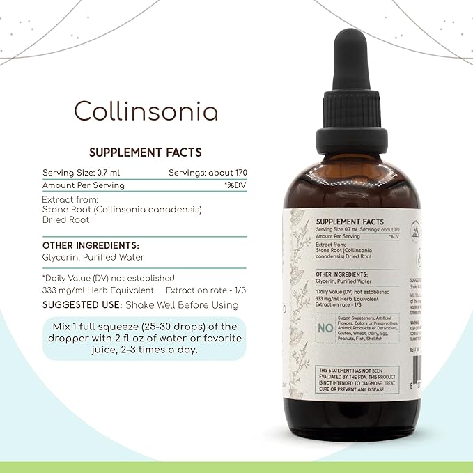 Collinsonia B120 Alcohol-Free Herbal Extract Tincture, Wildcrafted Stoneroot (Collinsonia Canadensis) Dried Root (4 fl oz)