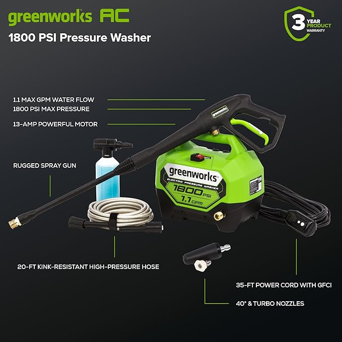 Greenworks 1800 PSI (1.1 GPM) Electric Pressure Washer PWMA Certified