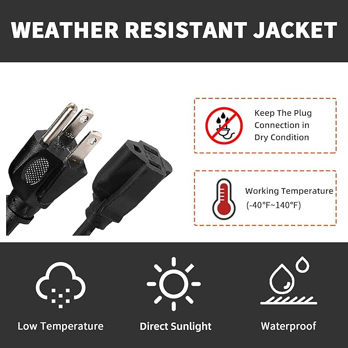 100FT Outdoor Extension Cord-16/3 SJTW Durable Black Extension Cable with 3 Prong Grounded Plug for Safety,Great for Outside Christmas Decorations