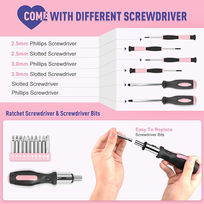Sundpey Home Tool Kit 148-Pcs - Household Starter Basic Hand Repair portable Tool Set with Case & Ratcheting Screwdriver & Hex Key & Pliers & Wrench & Voltage Tester & Water Pump Plier for Women