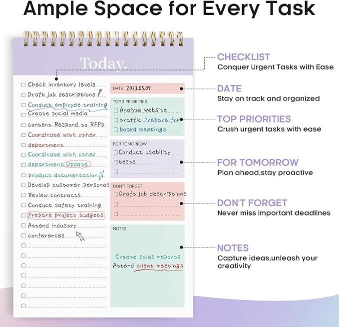 Taja To Do List Notepad, Undated Daily Planner for Work and Goal Setting | Violet Dream, 52 Sheets, 9.8" x 6.5" , for Office, Home and school, Daily Task Planning, Notes and Everyday Organization