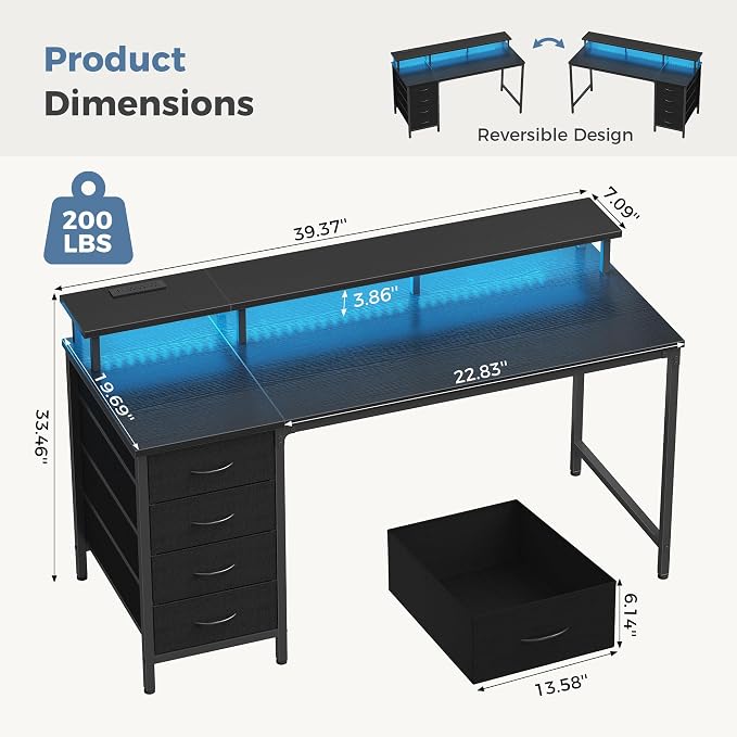 DUMOS 40-Inch Gaming Desk with Power Outlets and LED Lights, Black | Computer Desk with 4 Storage Drawers, Home Office Desk with Monitor Stand, Small Desk for Bedroom Study