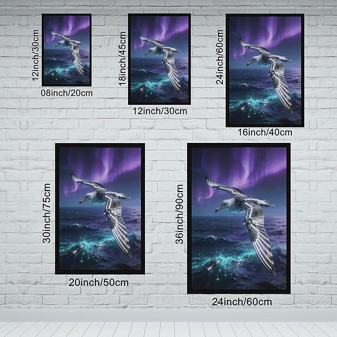 Framed Steampunk Mechanical Seagull Wall Art - Aurora Ocean Retro Poster for Bedroom Game Room Decor 12x18in