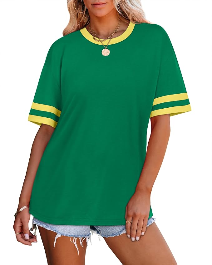 WIHOLL Womens T Shirts Loose Fit Short Sleeve Tees Crew Neck Color Block Summer Tops 2026 Fashion