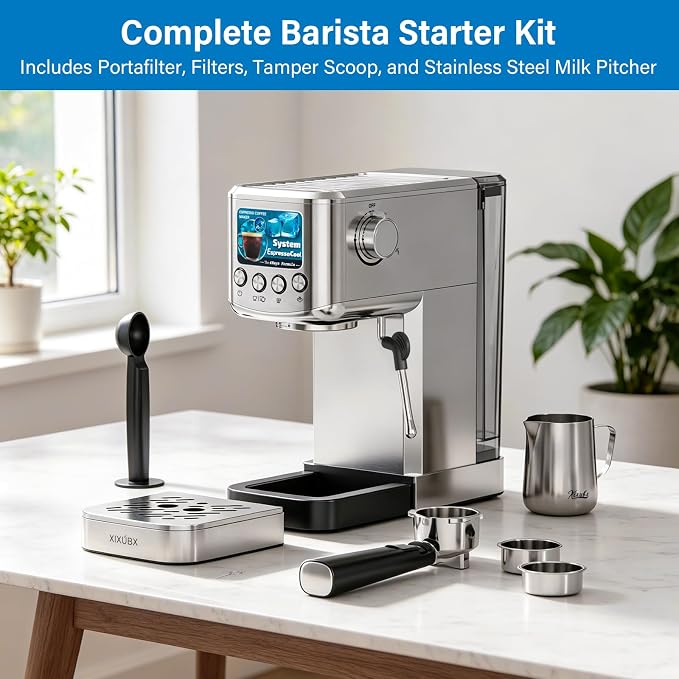 XIXUBX Cold Brew Espresso Maker with Milk Frother for Cappuccino & Latte | 20-Bar Pump, Built-in Pressure Gauge, Powerful Steam Wand, Milk Frothing Pitcher, 42 oz Removable Water Tank, Stainless Steel