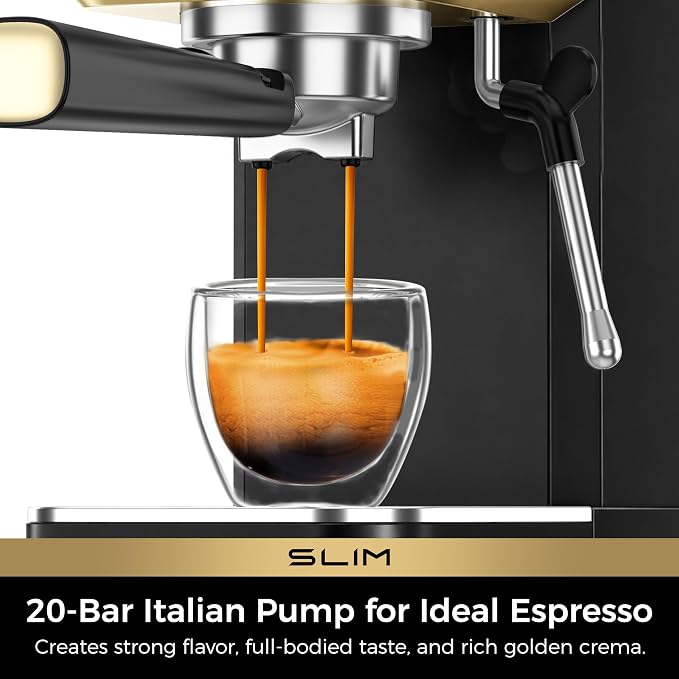 CHULUX Slim Espresso Machine with Milk Frother for Home Latte, Black & Gold | Precise Pressure Gauge, Food-Grade Materials, 20 Bar Italian Pump, Professional Temperature Control System, Stainless Steel