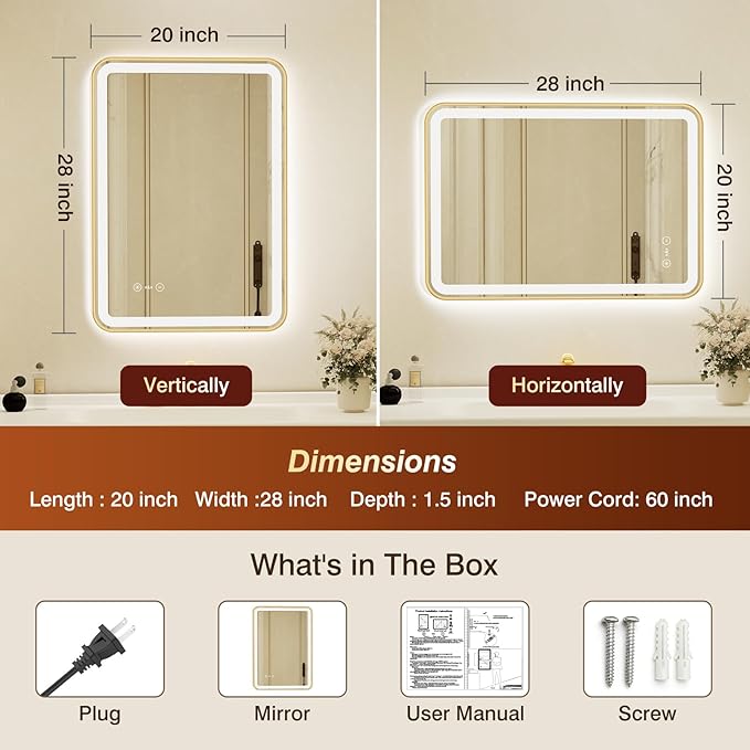 20x28 Inch Gold Framed LED Bathroom Mirror with Lights,Smart Bathroom Mirror,Motion Sensor,Anti-Fog,Stepless Dimmable & 3 Colors,Memory,Vanity Mirror for Wall