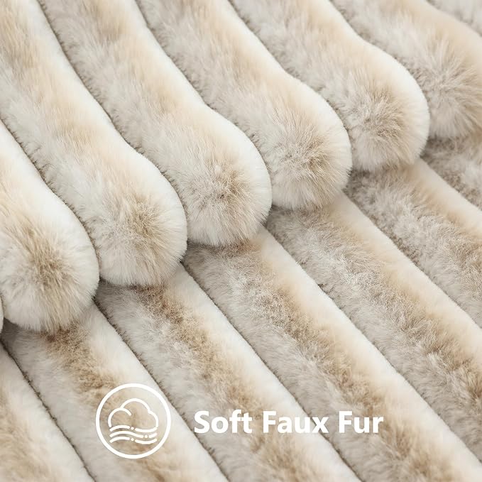 decorUhome Fall Faux Fur Throw Pillow Covers 24x24 Set of 2 Beige White | Decorative Soft Cozy Striped Plush Modern Farmhouse Boho Couch Pillow Cases Velvet Back for Sofa Bed Living Room Home Decor