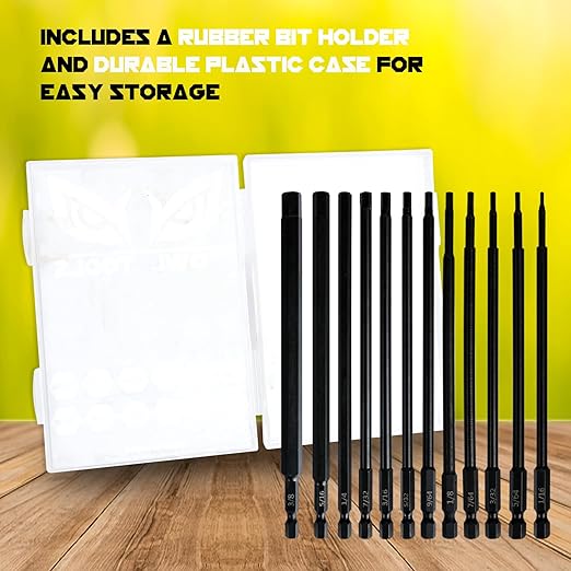 6" Long Allen Hex Bit Set (12 Pack of Drill Bits with Case) 6 Inch Allen Key Hex Bits in The Following SAE Sizes 1/16" 5/64", 3/32", 7/64", 1/8", 9/64", 5/32", 3/16", 7/32", 1/4", 5/16", 3/8