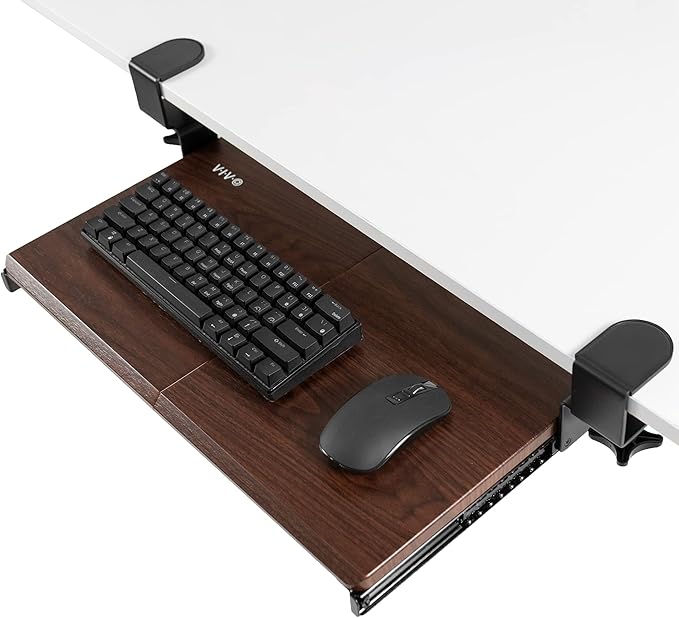 VIVO Small Keyboard Tray, Under Desk Pull Out with Extra Sturdy C Clamp Mount System, 20 (26 Including Clamps) x 11 inch Slide-Out Platform Drawer, Dark Walnut Top, Black Frame, MOUNT-KB05ES-D | Keyboard Tray for Typing, Slide Out Platform, Extra Sturd...