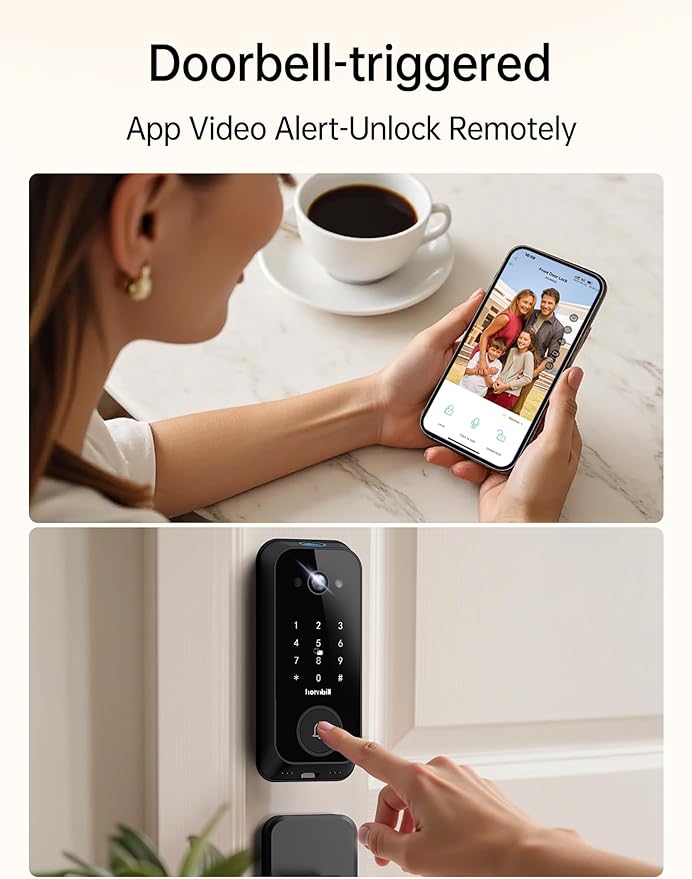 Video Smart Lock with Camera: 4-in-1 Ring+2K Camera+Doorbell+Fingerprint Hornbill Keyless Entry Door Lock, Built-in WiFi Deadbolt(only 2.4G), Two-Way Audio/App Remote Control/PIR, No Monthly Fee