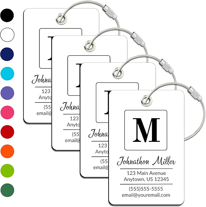 Personalized Luggage Tag | 4 Pack | Custom Luggage Tags for Suitcases | Kids Backpack Tag | 10 Color Options & Choose Font, Font Color