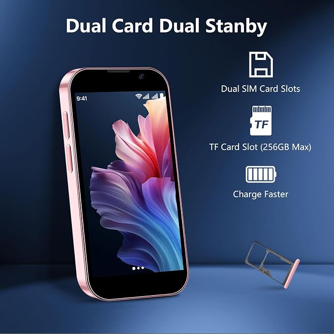 Mini Phone 3.0" HD Touch Screen Mini Smartphone World's Smallest Unlocked Android Compact Mobile Phone for Kids & Students Cell Phone wih GPS Dual SIM Face ID 2GB+16GB Pink