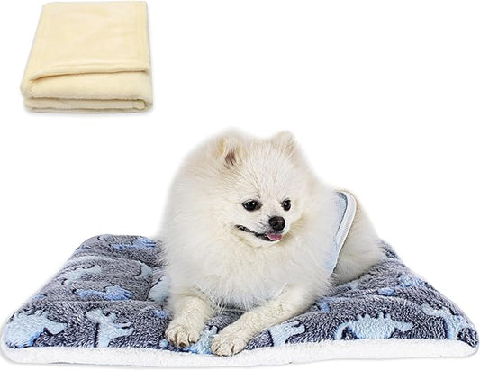 Cat Dog Bed Mat & Blanket, Reversible Pets Crate Pad Bed Mat and Ultra Soft Warm Fleece Calming Blanket for Small Puppy Kitty, Washable